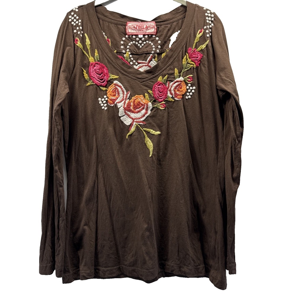Johnny Was JWLA Womens Top Brown Floral Embroidered Long Sleeve Boho Blouse L M